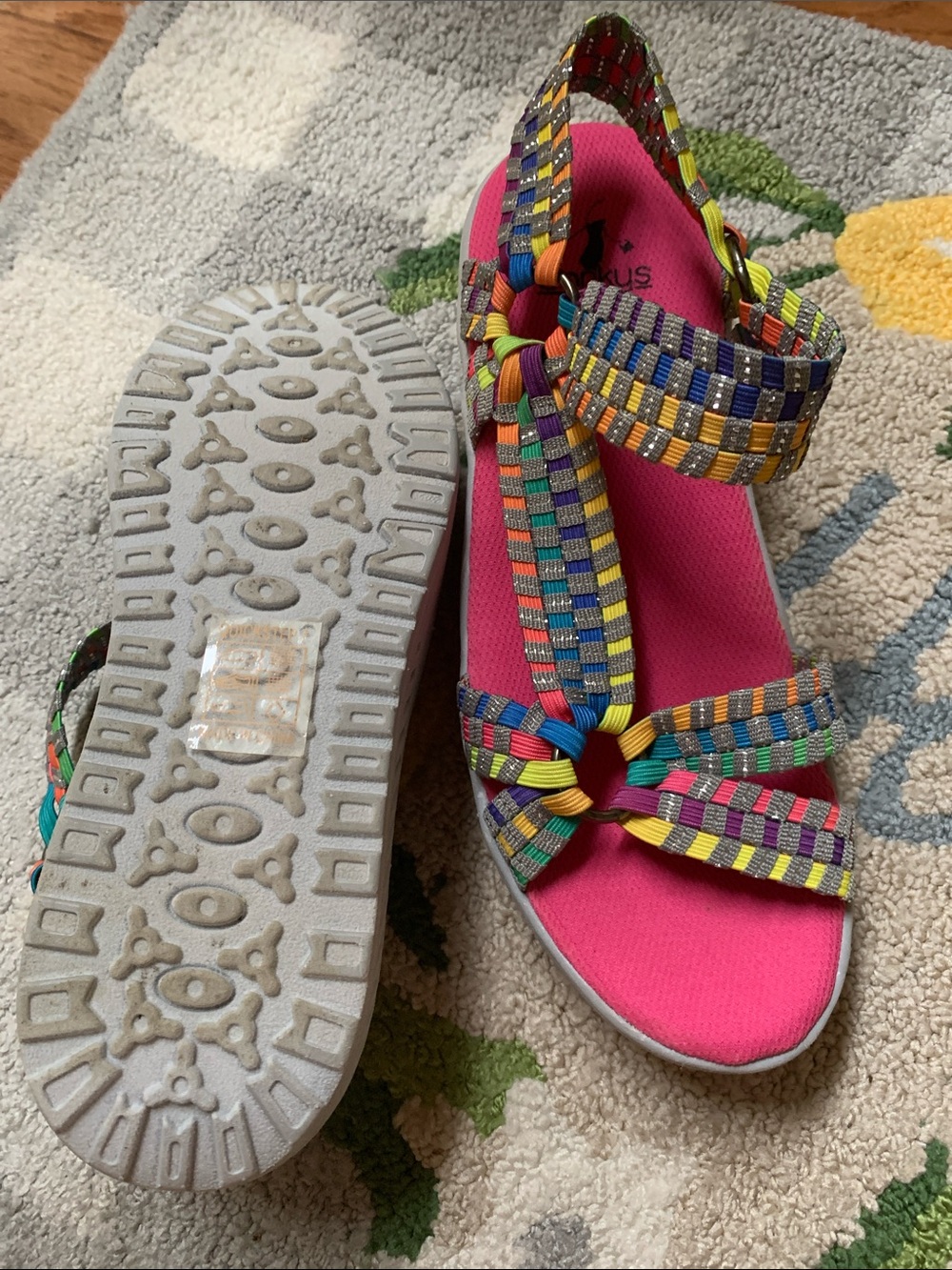 Corkys Hot Pink Footbed Multicolor Woven Slingback Sandals - Picture 3 of 5
